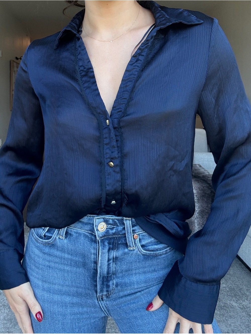 Zara Navy Satin Button-Down Blouse with Gold Buttons
